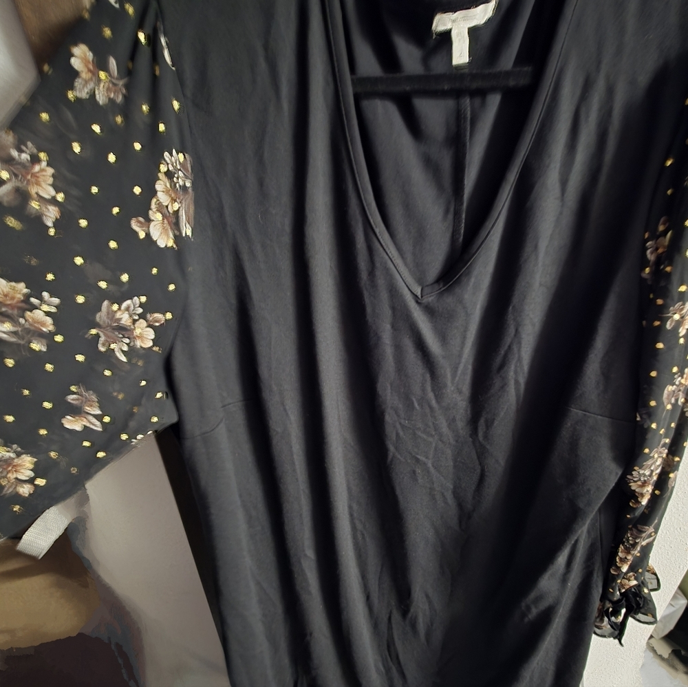 Black V-Neck Dress with Floral Sleeves